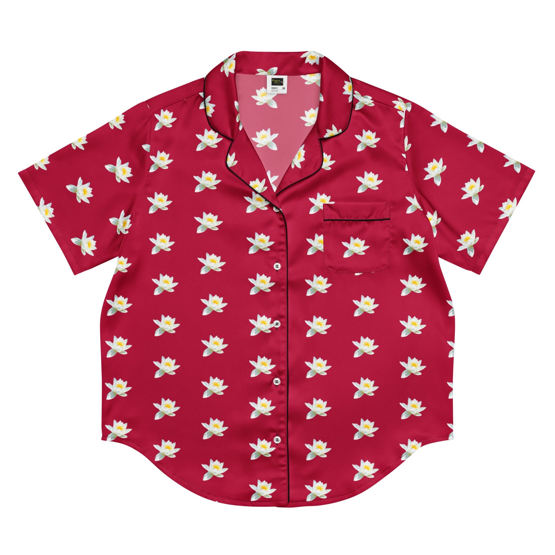Water lily and carmine color floral all - over print women’s short sleeve pajama top - PratSN