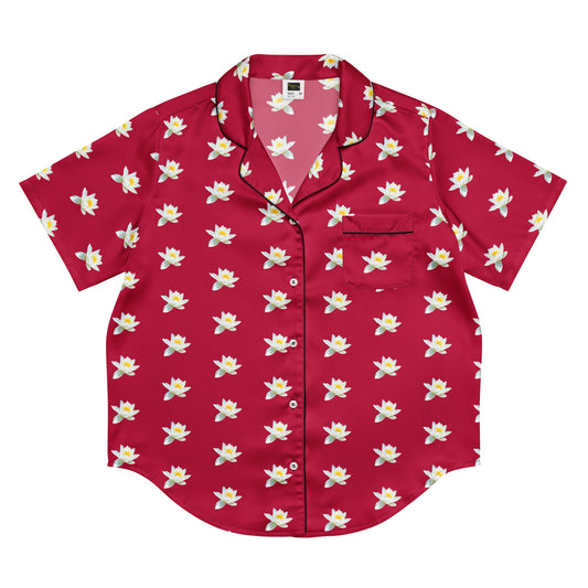 Water lily and carmine color floral all - over print women’s short sleeve pajama top - PratSN