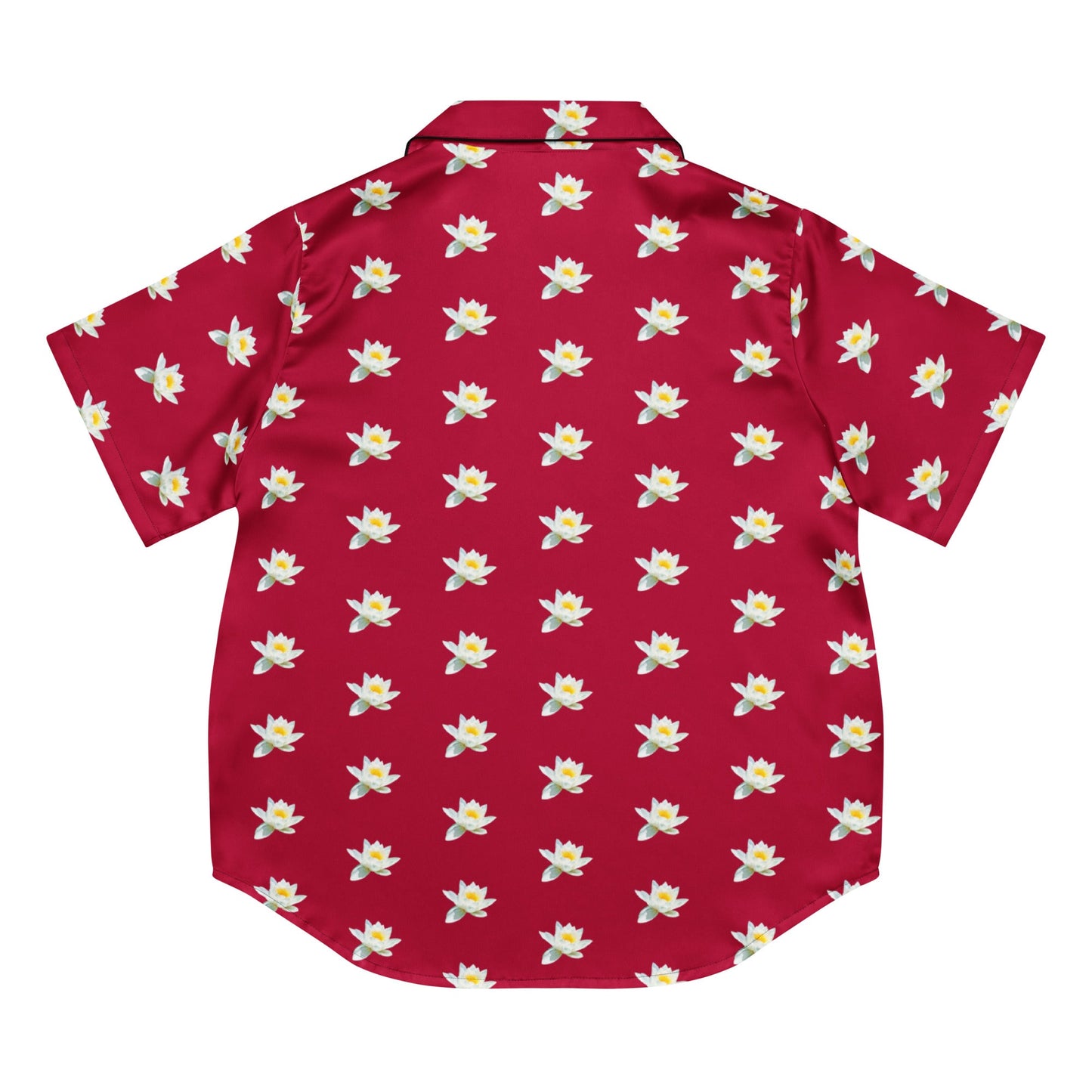 Water lily and carmine color floral all - over print women’s short sleeve pajama top - PratSN