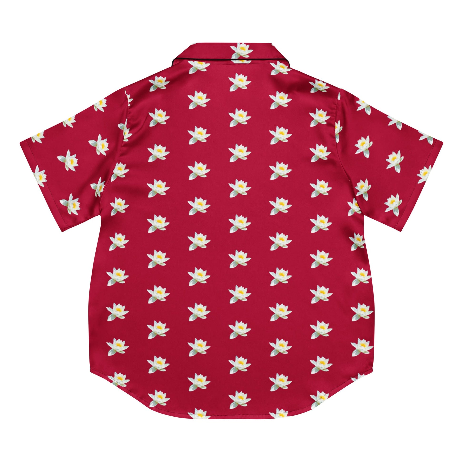 Water lily and carmine color floral all - over print women’s short sleeve pajama top - PratSN