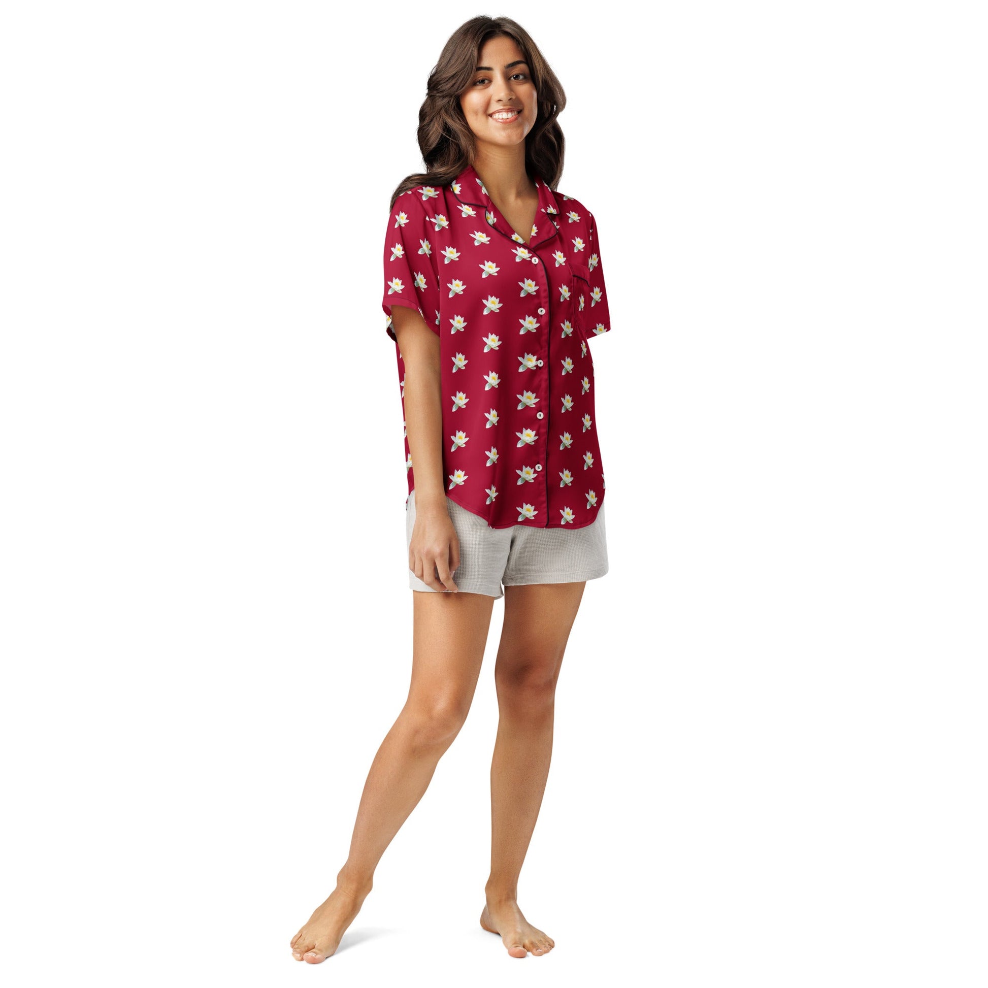 Water lily and carmine color floral all - over print women’s short sleeve pajama top - PratSN