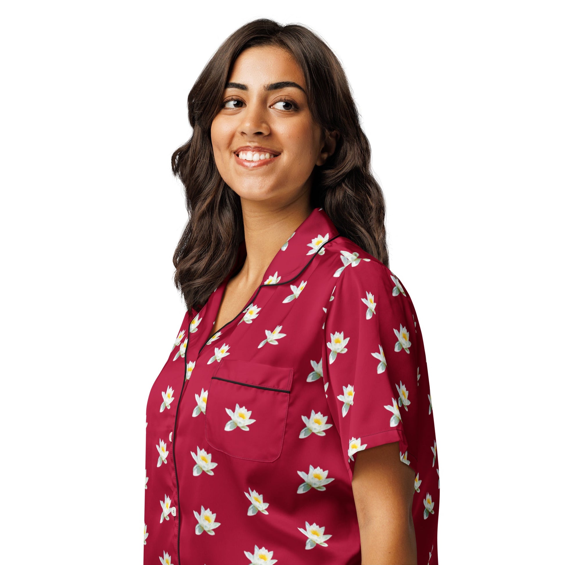 Water lily and carmine color floral all - over print women’s short sleeve pajama top - PratSN