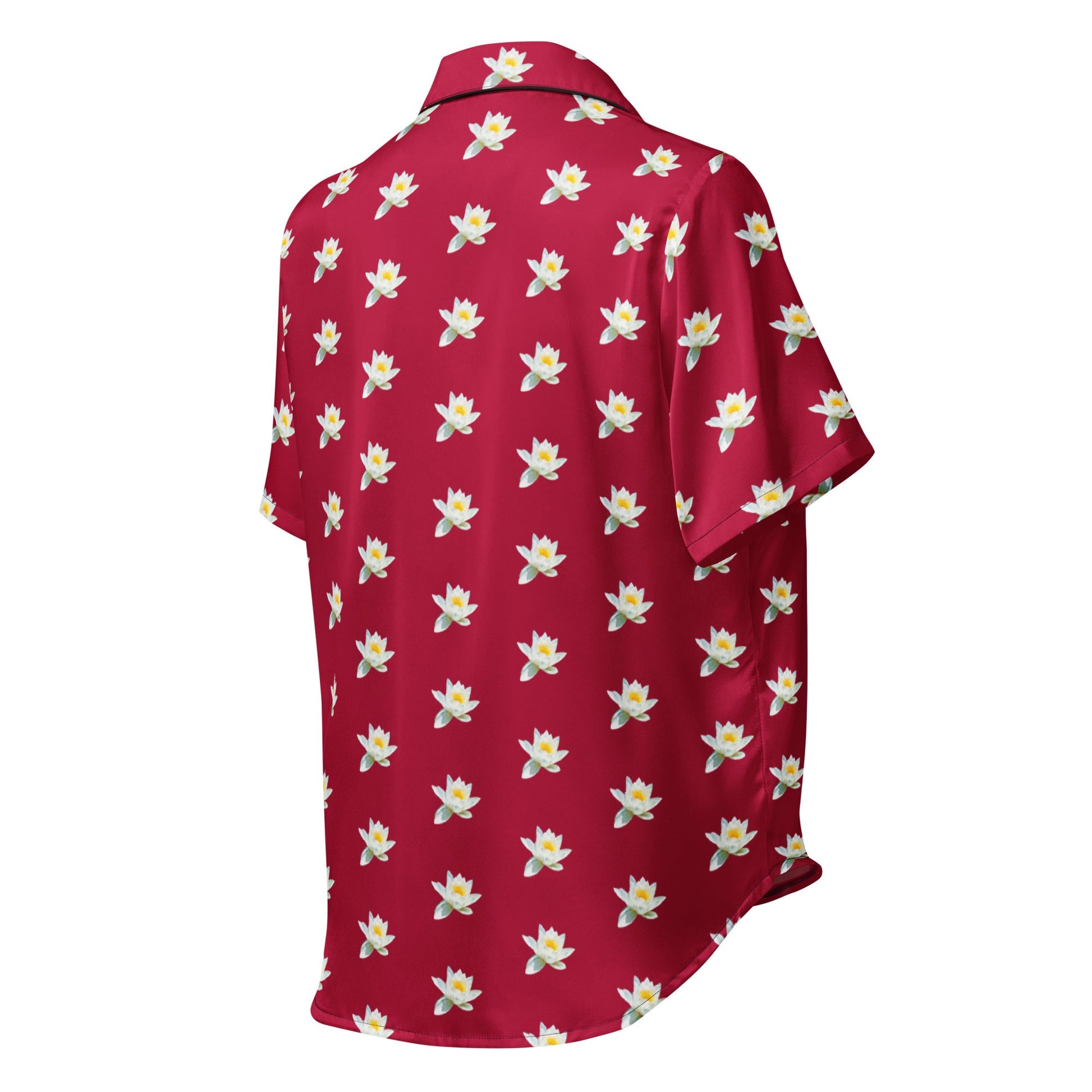 Water lily and carmine color floral all - over print women’s short sleeve pajama top - PratSN