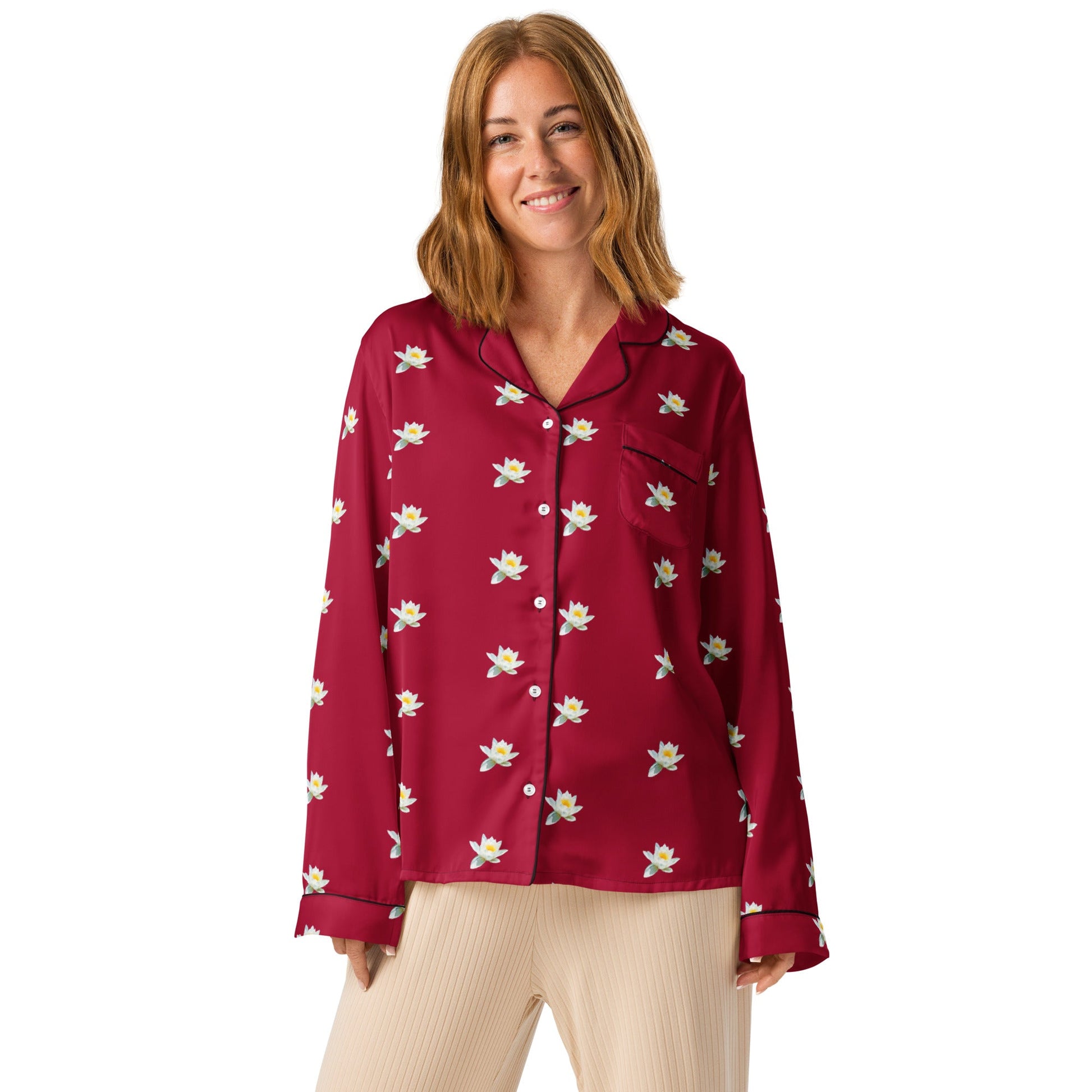 Water lily and carmine color floral Women’s long sleeve pajama top - PratSN