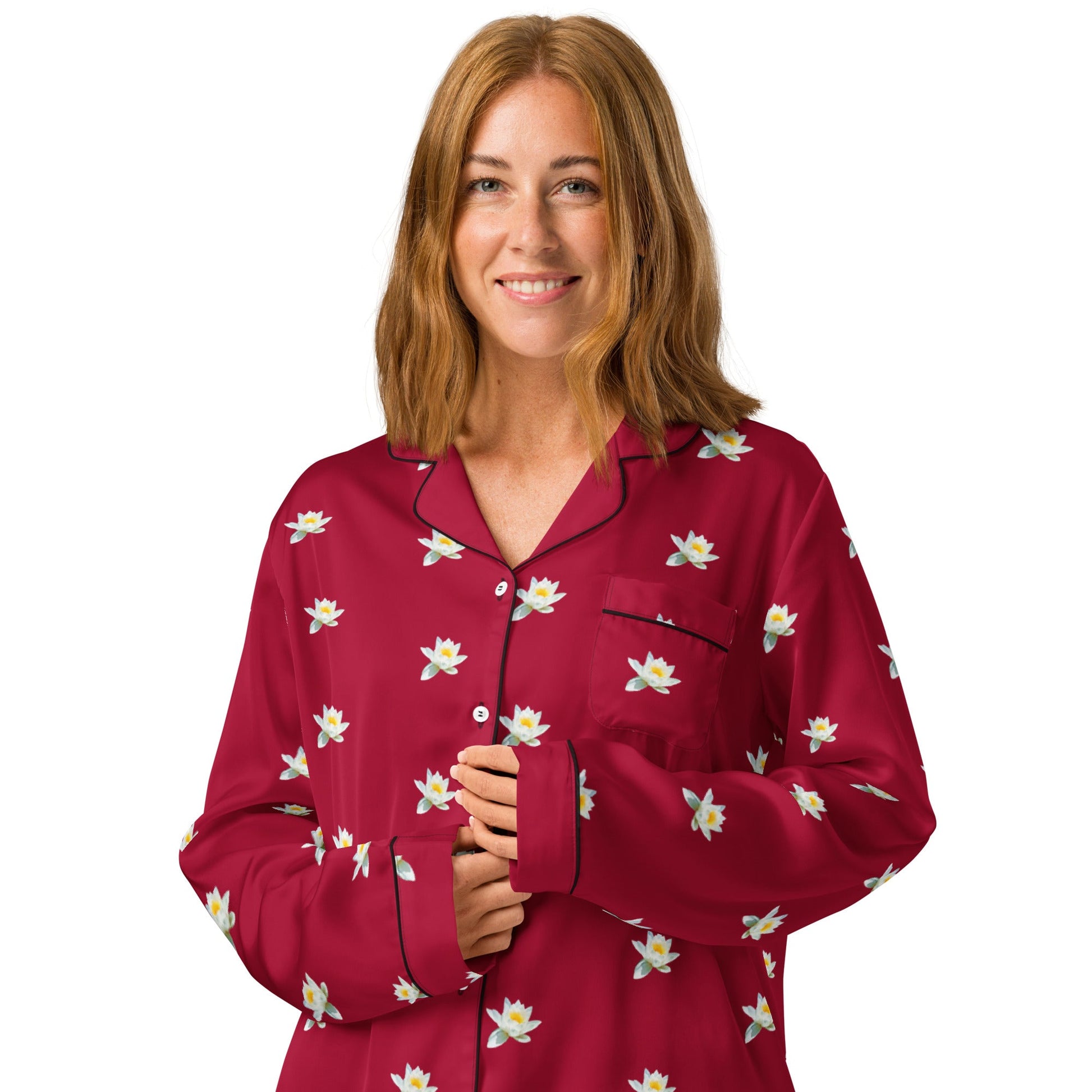 Water lily and carmine color floral Women’s long sleeve pajama top - PratSN