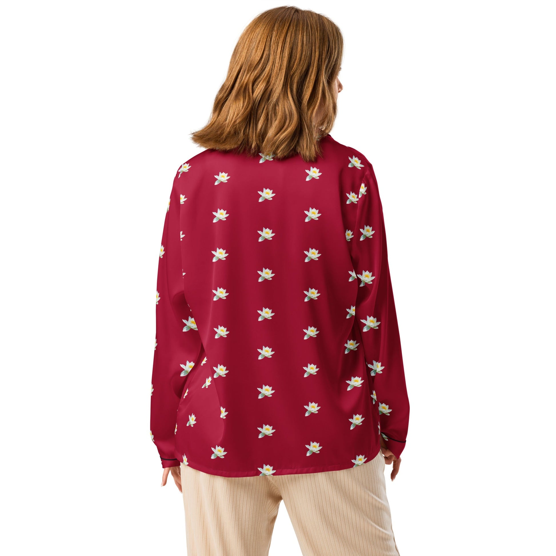 Water lily and carmine color floral Women’s long sleeve pajama top - PratSN