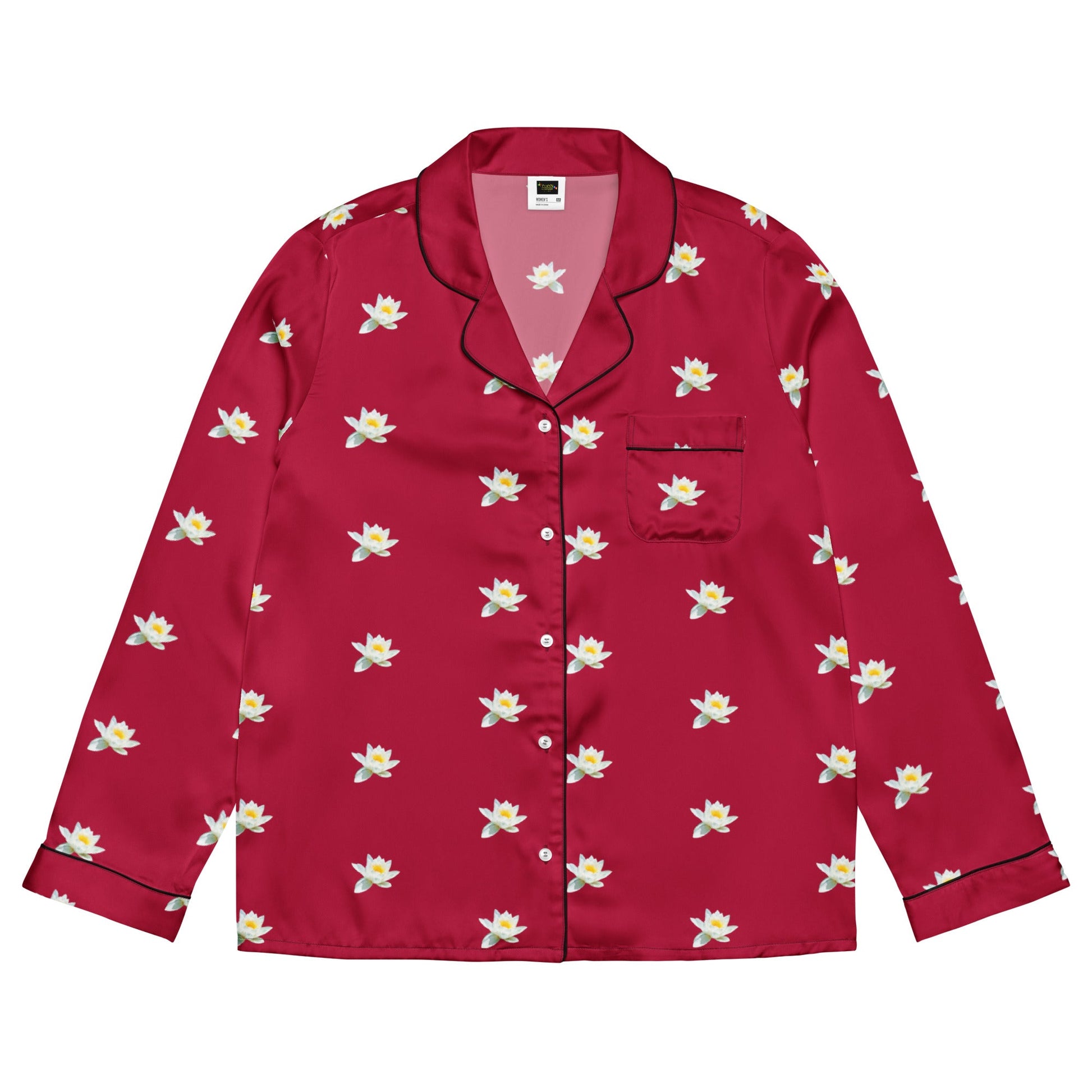 Water lily and carmine color floral Women’s long sleeve pajama top - PratSN