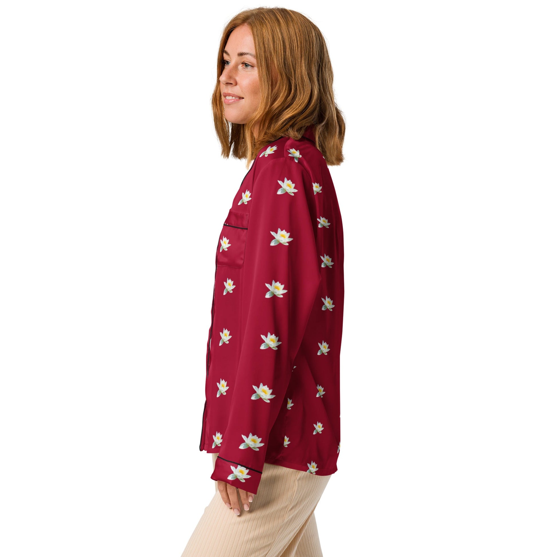 Water lily and carmine color floral Women’s long sleeve pajama top - PratSN