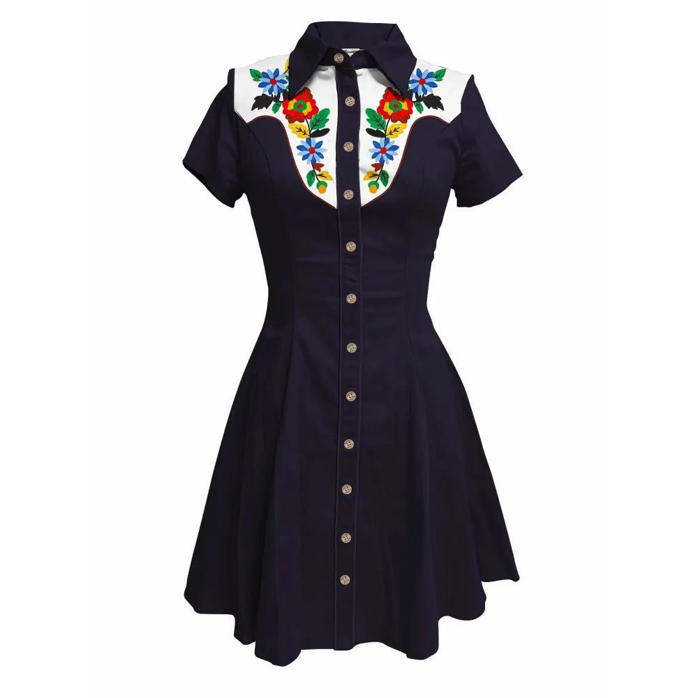 Western Vintage Flower Printed Western Cowboy Dress Women Button - down Dress Short Sleeves 100% Cotton Dress Summer Streetwear - PratSN
