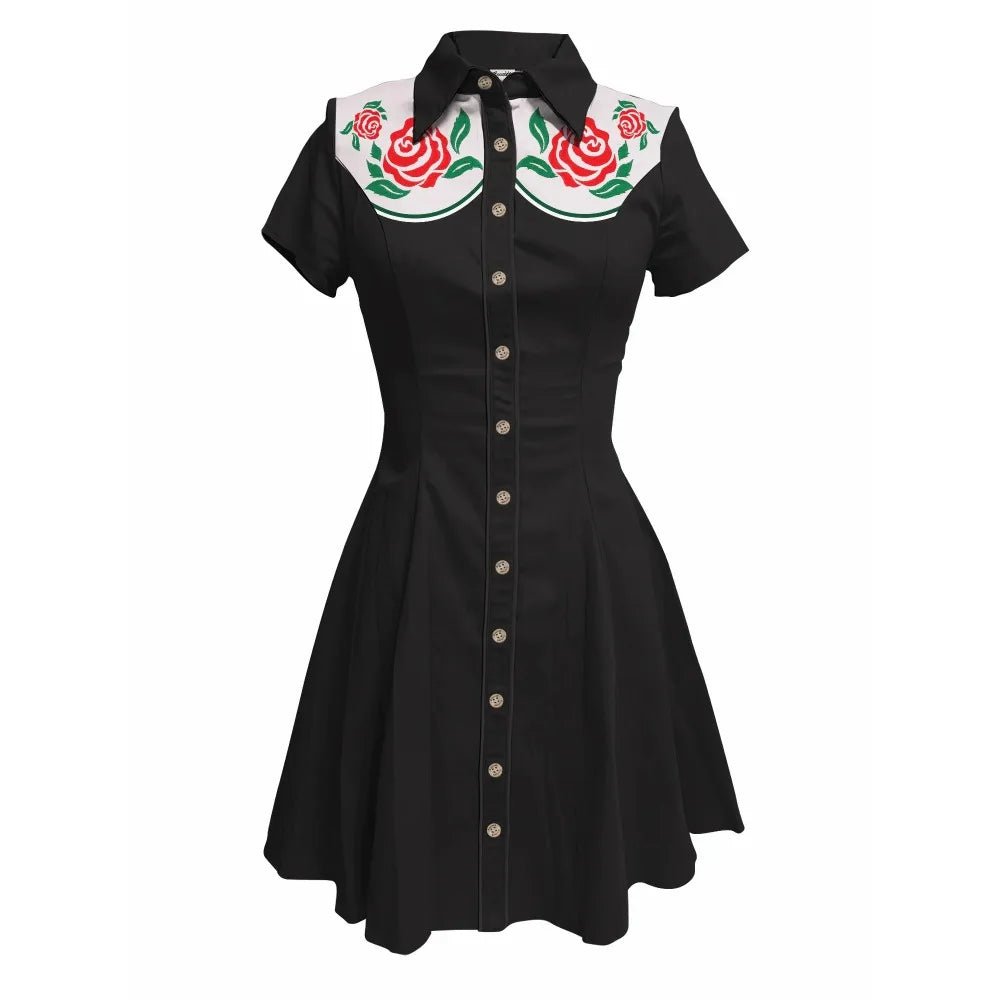 Western Vintage Flower Printed Western Cowboy Dress Women Button - down Dress Short Sleeves 100% Cotton Dress Summer Streetwear - PratSN