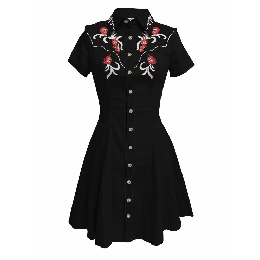 Western Vintage Flower Printed Western Cowboy Dress Women Button - down Dress Short Sleeves 100% Cotton Dress Summer Streetwear - PratSN