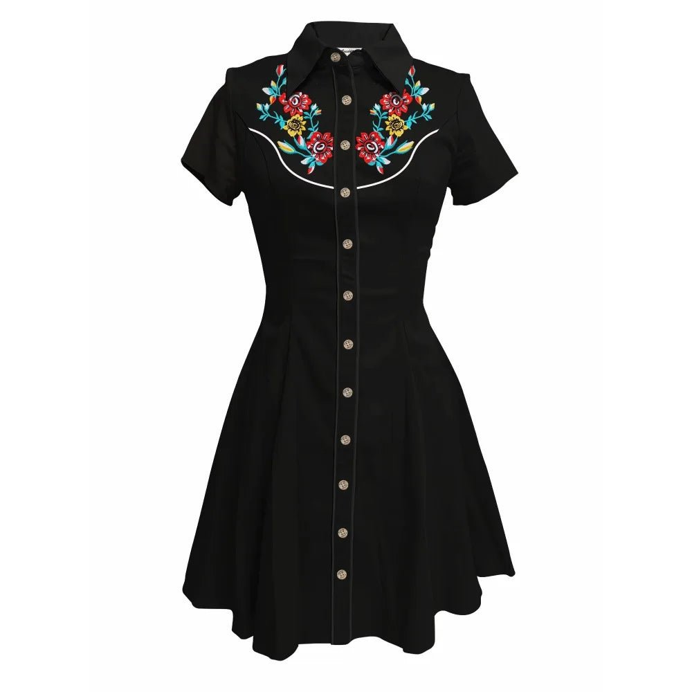 Western Vintage Flower Printed Western Cowboy Dress Women Button - down Dress Short Sleeves 100% Cotton Dress Summer Streetwear - PratSN
