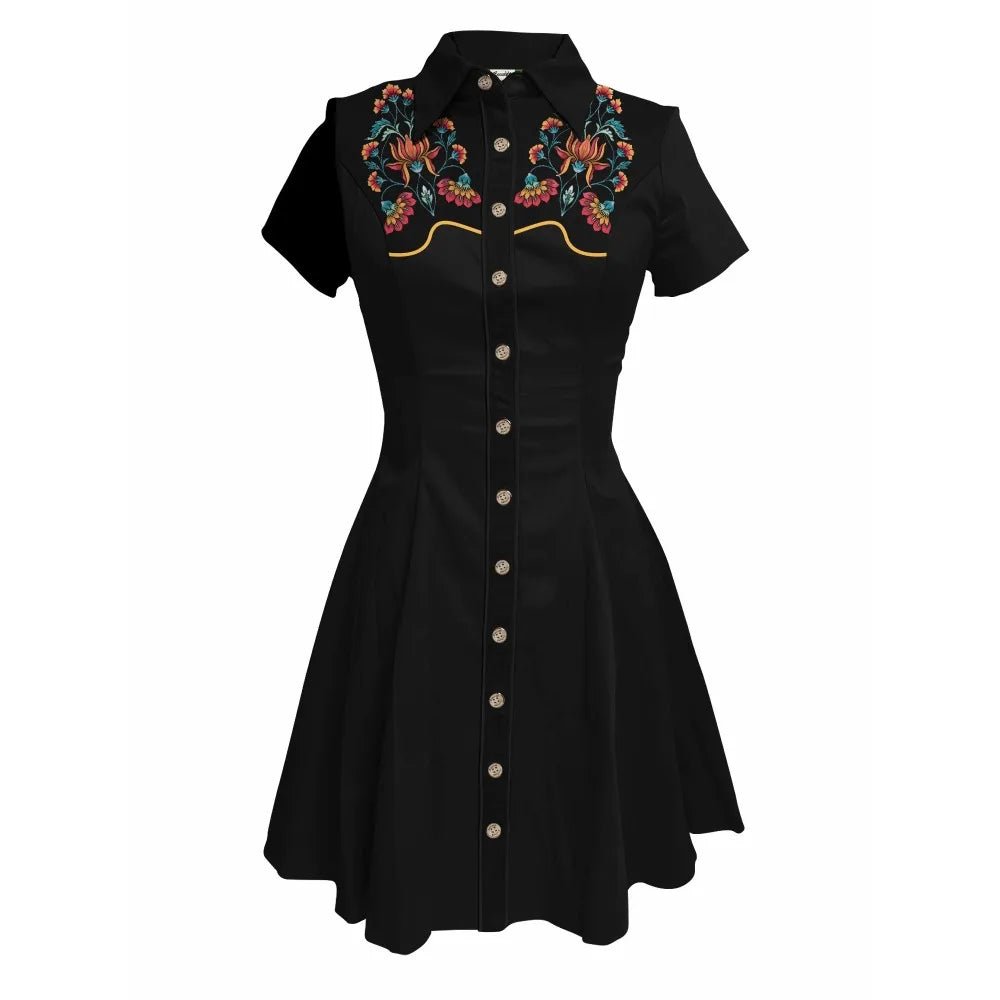 Western Vintage Flower Printed Western Cowboy Dress Women Button - down Dress Short Sleeves 100% Cotton Dress Summer Streetwear - PratSN