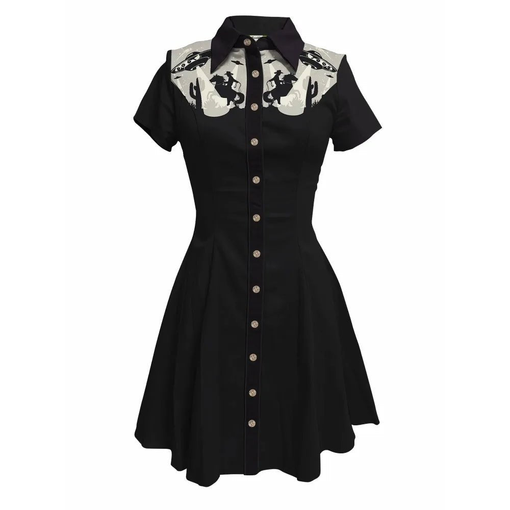 Western Vintage Flower Printed Western Cowboy Dress Women Button - down Dress Short Sleeves 100% Cotton Dress Summer Streetwear - PratSN