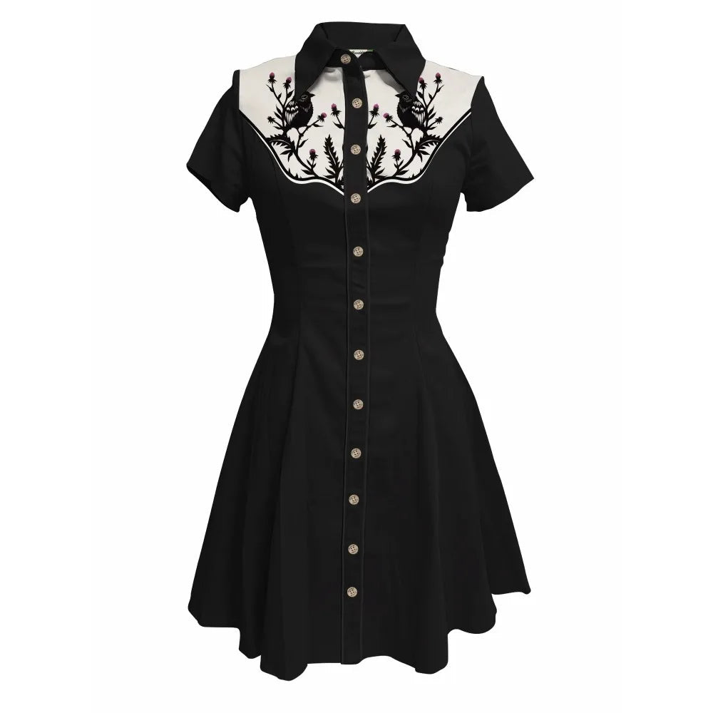 Western Vintage Flower Printed Western Cowboy Dress Women Button - down Dress Short Sleeves 100% Cotton Dress Summer Streetwear - PratSN