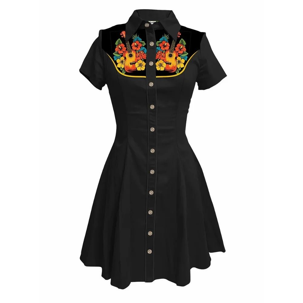 Western Vintage Flower Printed Western Cowboy Dress Women Button - down Dress Short Sleeves 100% Cotton Dress Summer Streetwear - PratSN