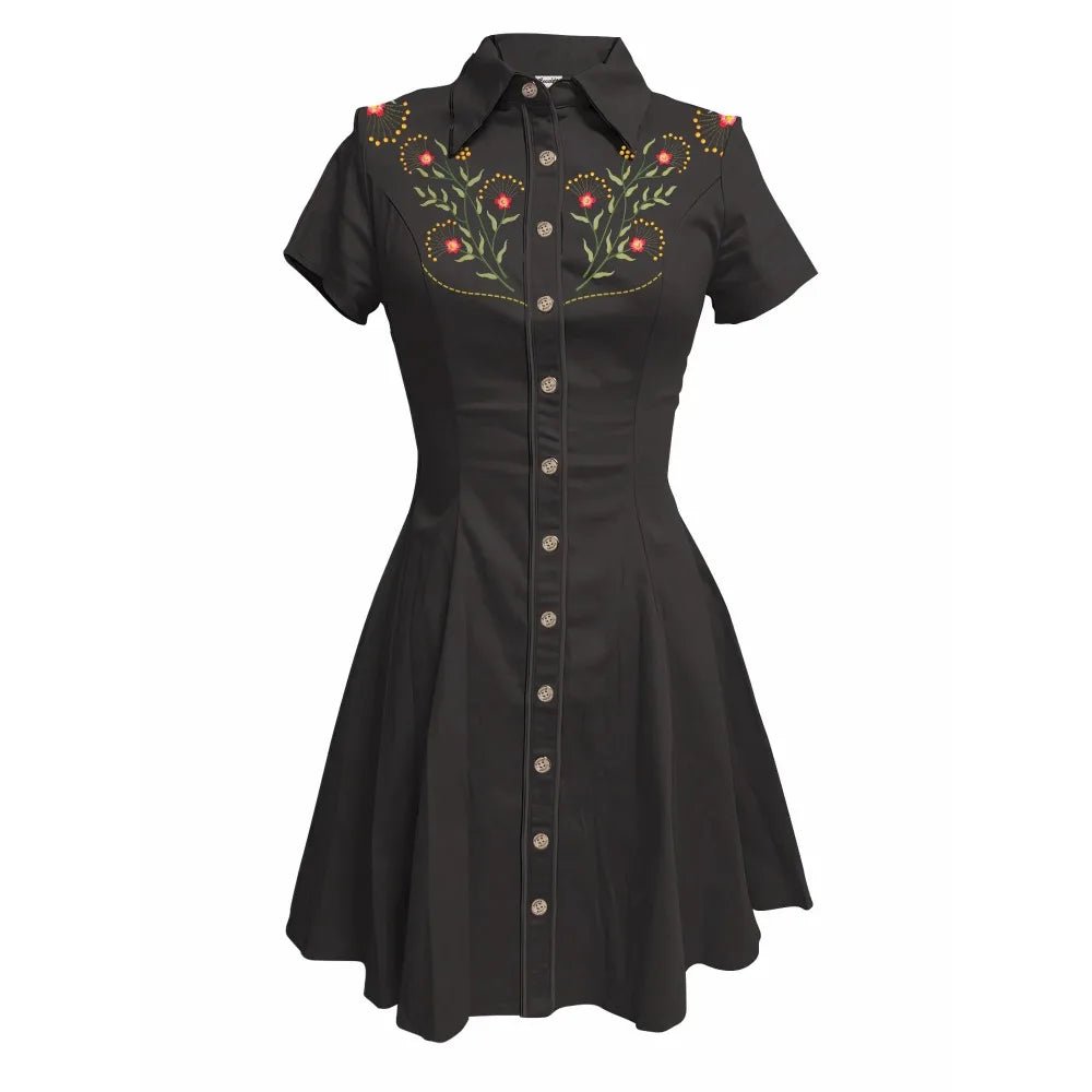 Western Vintage Flower Printed Western Cowboy Dress Women Button - down Dress Short Sleeves 100% Cotton Dress Summer Streetwear - PratSN
