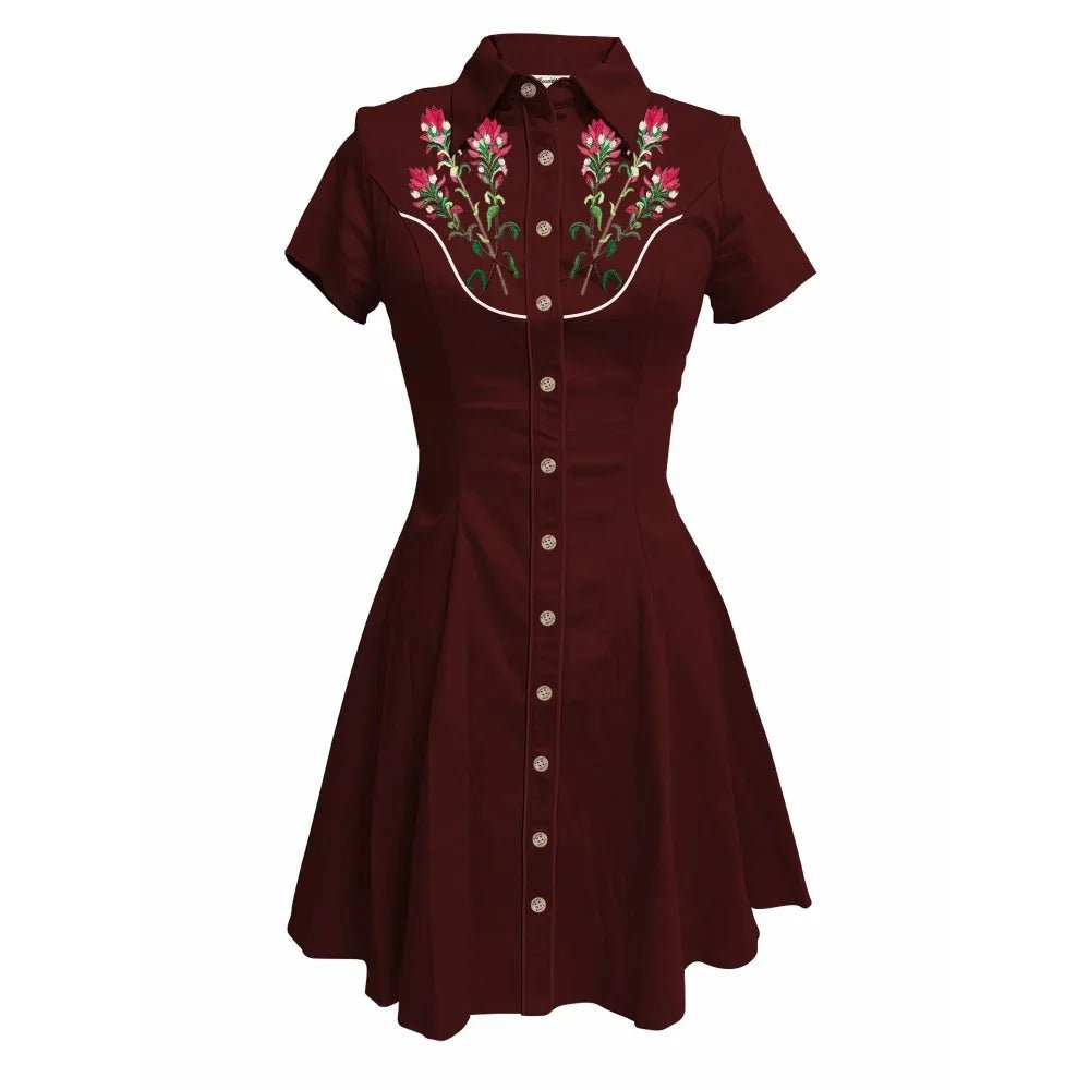 Western Vintage Flower Printed Western Cowboy Dress Women Button - down Dress Short Sleeves 100% Cotton Dress Summer Streetwear - PratSN