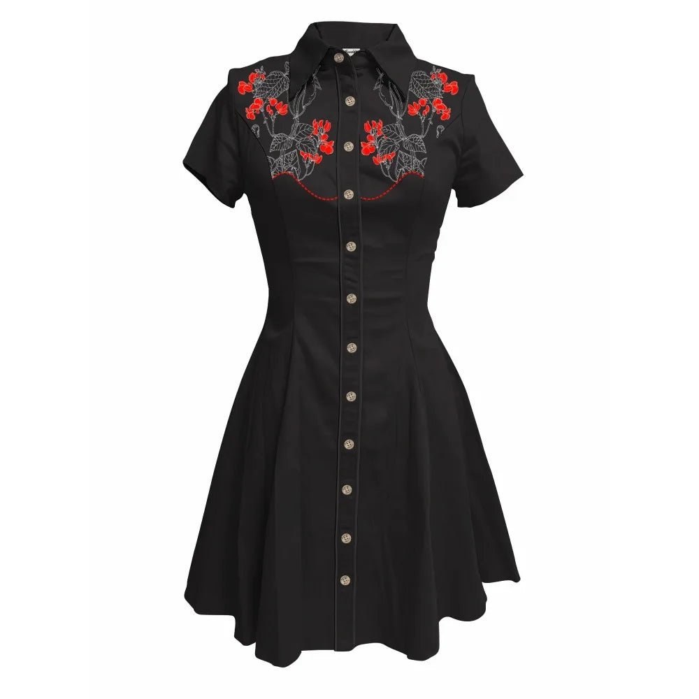 Western Vintage Flower Printed Western Cowboy Dress Women Button - down Dress Short Sleeves 100% Cotton Dress Summer Streetwear - PratSN