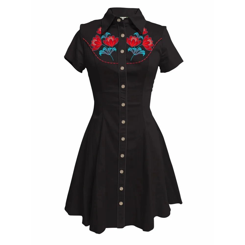 Western Vintage Flower Printed Western Cowboy Dress Women Button - down Dress Short Sleeves 100% Cotton Dress Summer Streetwear - PratSN