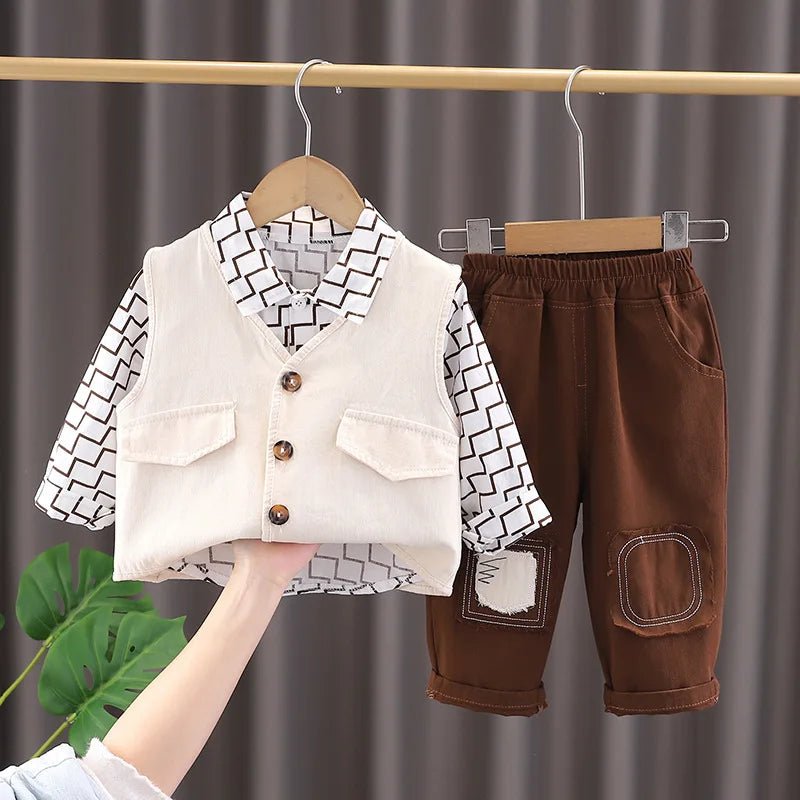 Wholesale Boys 3 Pieces Clothing Set Long Sleeves Printed Jacket Coat +cartoon T-shirt + Pants Outfits for Kids - PratSN
