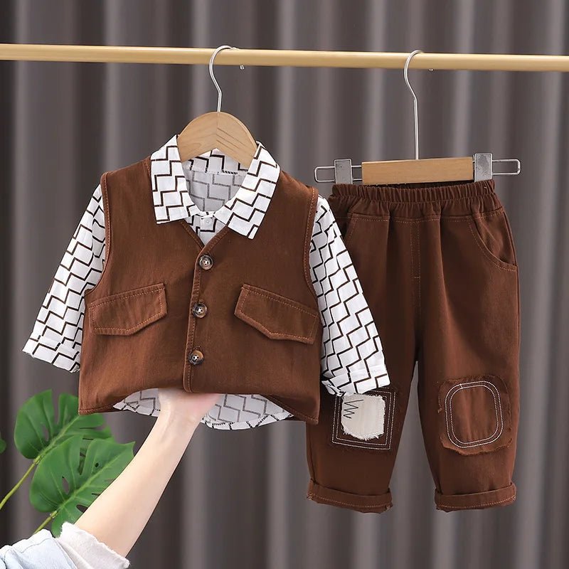 Wholesale Boys 3 Pieces Clothing Set Long Sleeves Printed Jacket Coat +cartoon T-shirt + Pants Outfits for Kids - PratSN