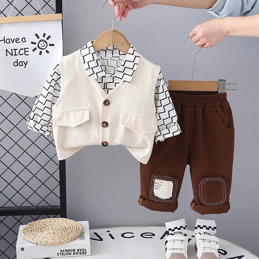 Wholesale Boys 3 Pieces Clothing Set Long Sleeves Printed Jacket Coat +cartoon T-shirt + Pants Outfits for Kids - PratSN