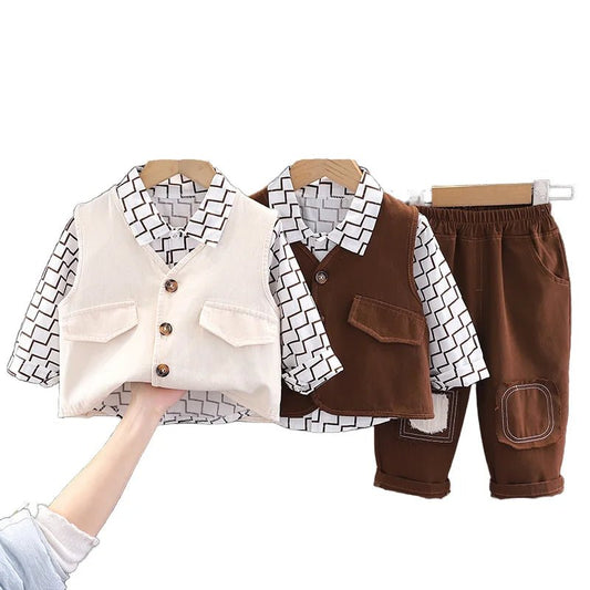 Wholesale Boys 3 Pieces Clothing Set Long Sleeves Printed Jacket Coat +cartoon T-shirt + Pants Outfits for Kids - PratSN