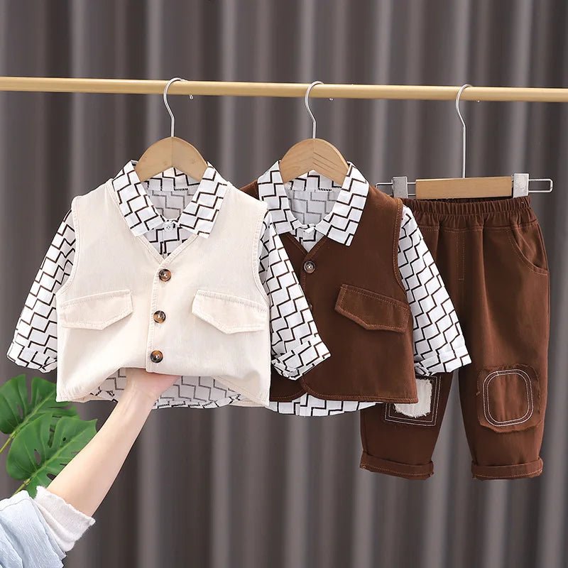 Wholesale Boys 3 Pieces Clothing Set Long Sleeves Printed Jacket Coat +cartoon T-shirt + Pants Outfits for Kids - PratSN