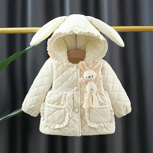Winter 0 - 3 Girls' Cotton Jacket Girls' 3D Cartoon Rabbit Hooded Ears Solid Color Cute Plush Cotton Coat - PratSN