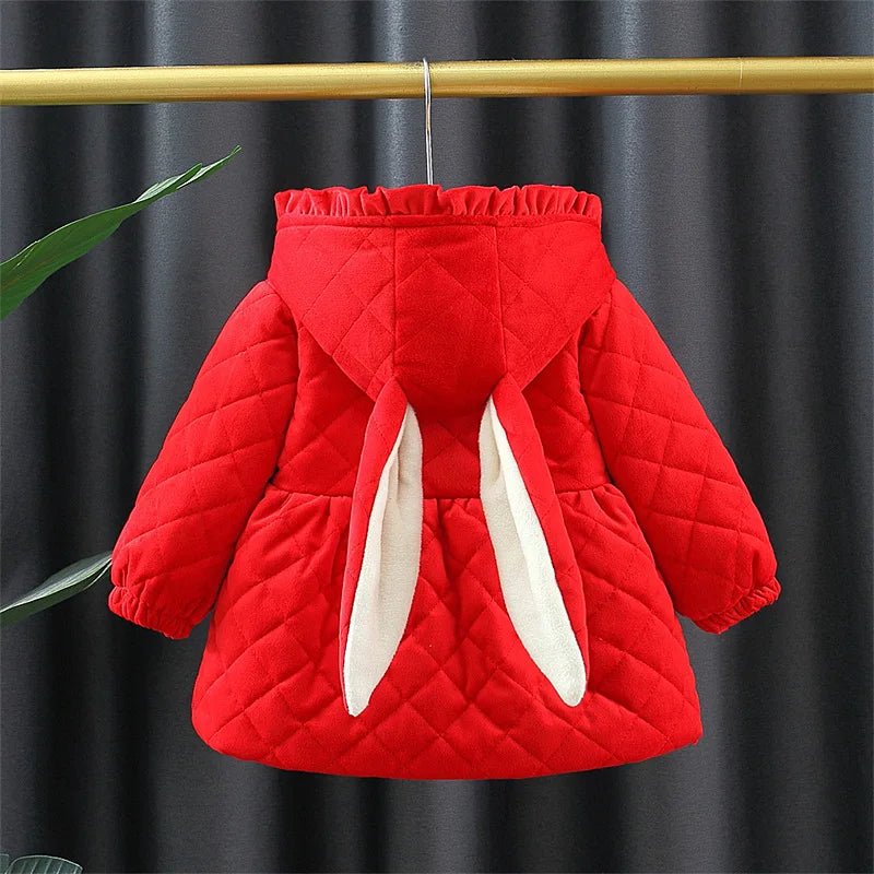 Winter 0 - 3 Girls' Cotton Jacket Girls' 3D Cartoon Rabbit Hooded Ears Solid Color Cute Plush Cotton Coat - PratSN