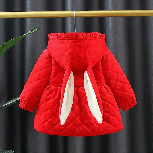 Winter 0 - 3 Girls' Cotton Jacket Girls' 3D Cartoon Rabbit Hooded Ears Solid Color Cute Plush Cotton Coat - PratSN