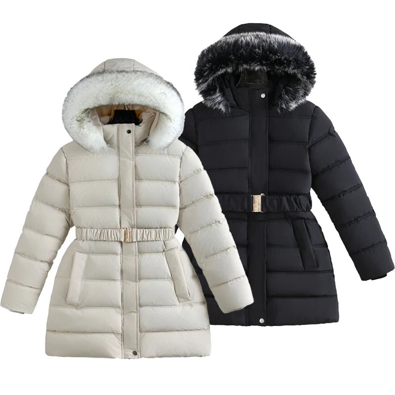 Winter Long Style Teen Girls Jacket Solid Color Slim Fit Fashion Detachable Hat Big Fur Collar Hooded Keep Warm Coat For Kids - PratSN