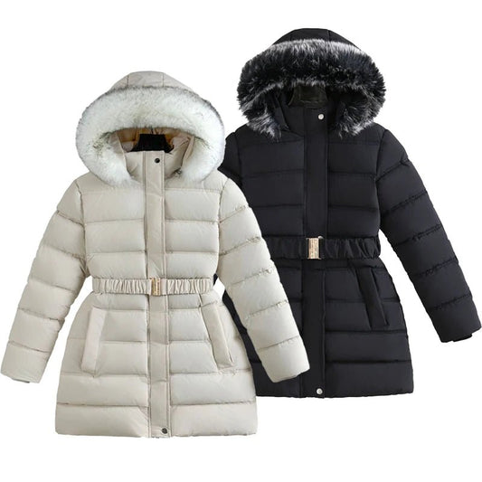 Winter Long Style Teen Girls Jacket Solid Color Slim Fit Fashion Detachable Hat Big Fur Collar Hooded Keep Warm Coat For Kids - PratSN