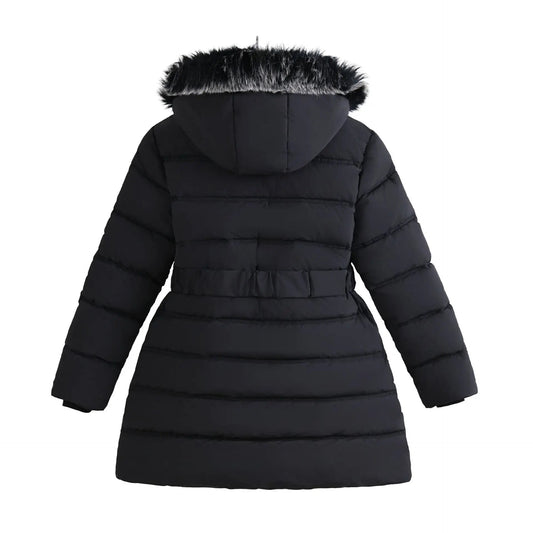 Winter Long Style Teen Girls Jacket Solid Color Slim Fit Fashion Detachable Hat Big Fur Collar Hooded Keep Warm Coat For Kids - PratSN