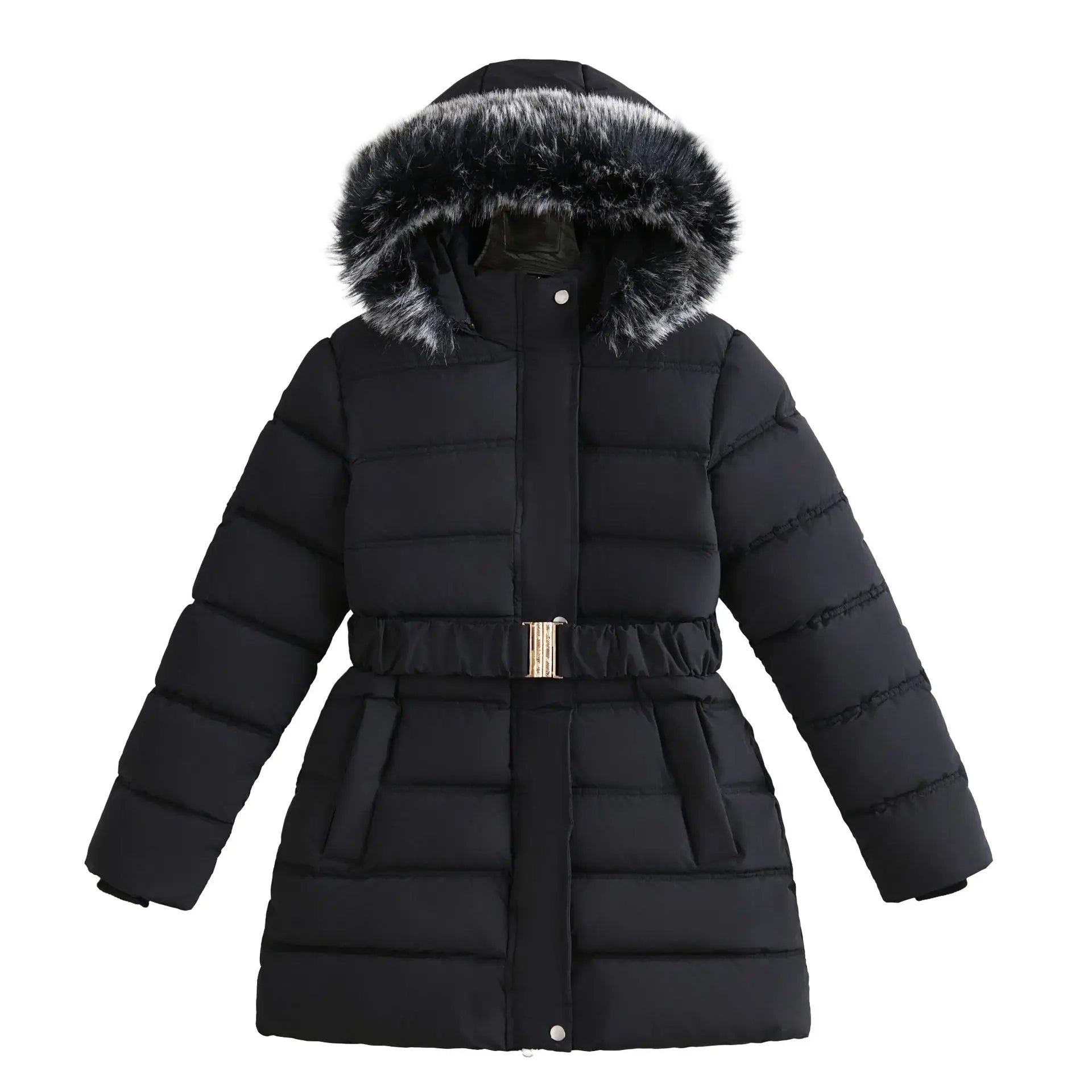 Winter Long Style Teen Girls Jacket Solid Color Slim Fit Fashion Detachable Hat Big Fur Collar Hooded Keep Warm Coat For Kids - PratSN