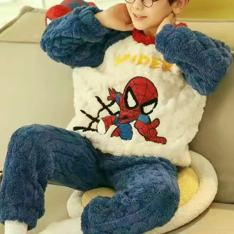 Winter Marvel Children Clothing Boys Sleepwear Set Flannel Thick Long Sleeve Warm Set Pajamas Two Pieces Kids Clothes Spiderman - PratSN