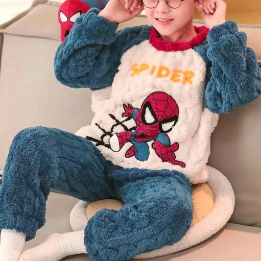 Winter Marvel Children Clothing Boys Sleepwear Set Flannel Thick Long Sleeve Warm Set Pajamas Two Pieces Kids Clothes Spiderman - PratSN