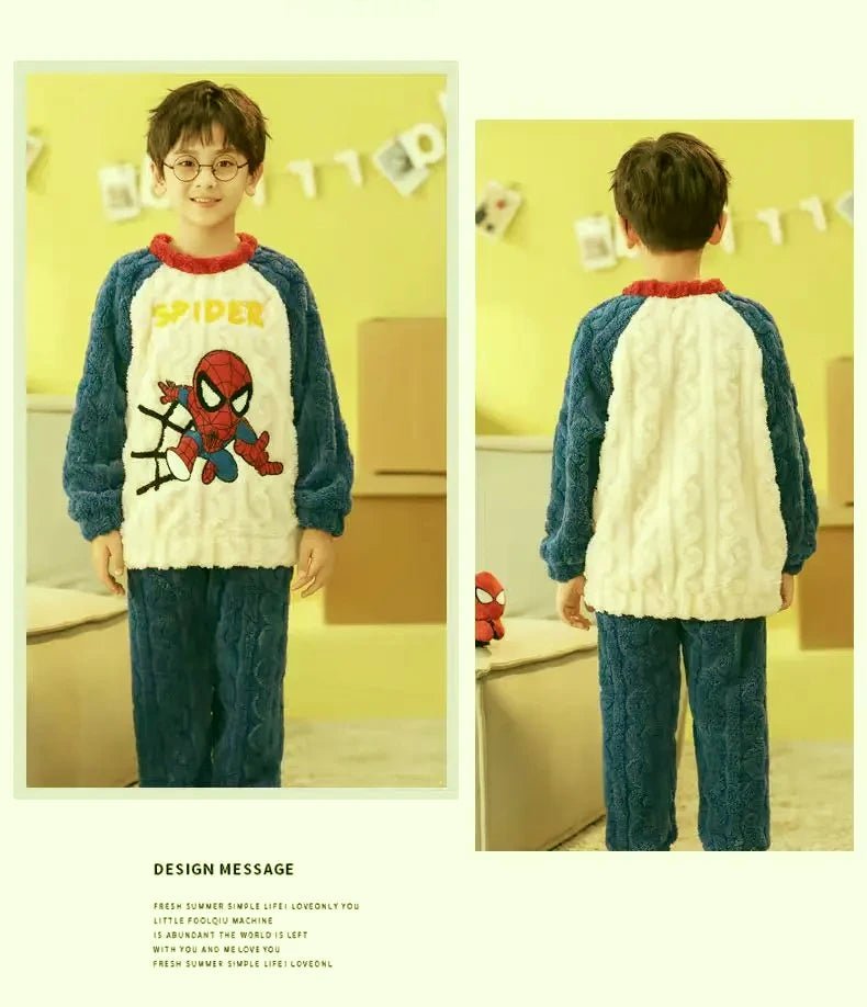 Winter Marvel Children Clothing Boys Sleepwear Set Flannel Thick Long Sleeve Warm Set Pajamas Two Pieces Kids Clothes Spiderman - PratSN