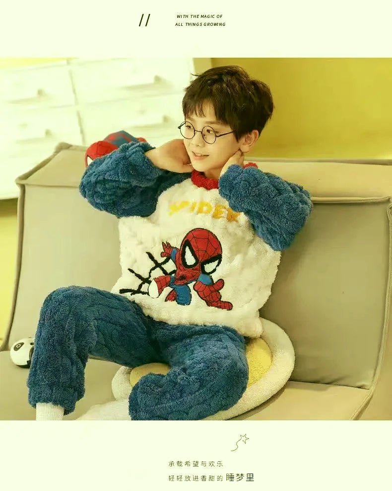Winter Marvel Children Clothing Boys Sleepwear Set Flannel Thick Long Sleeve Warm Set Pajamas Two Pieces Kids Clothes Spiderman - PratSN