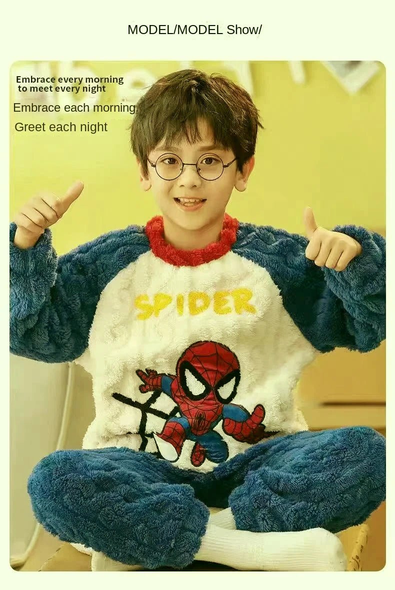 Winter Marvel Children Clothing Boys Sleepwear Set Flannel Thick Long Sleeve Warm Set Pajamas Two Pieces Kids Clothes Spiderman - PratSN