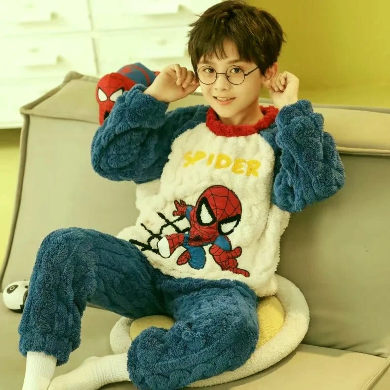 Winter Marvel Children Clothing Boys Sleepwear Set Flannel Thick Long Sleeve Warm Set Pajamas Two Pieces Kids Clothes Spiderman - PratSN