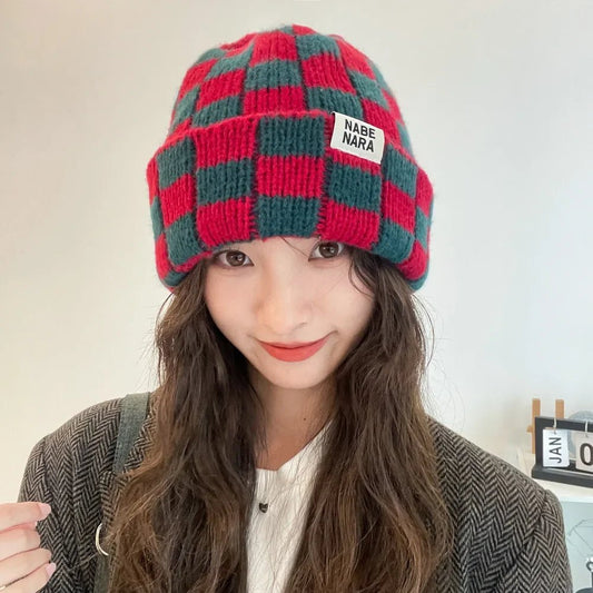 Winter Plaid Knitted Beanies for Women Fashion Pullover Cap Red Green Color Checkerboard Skull Hats Street Casual Beanie Gorras - PratSN