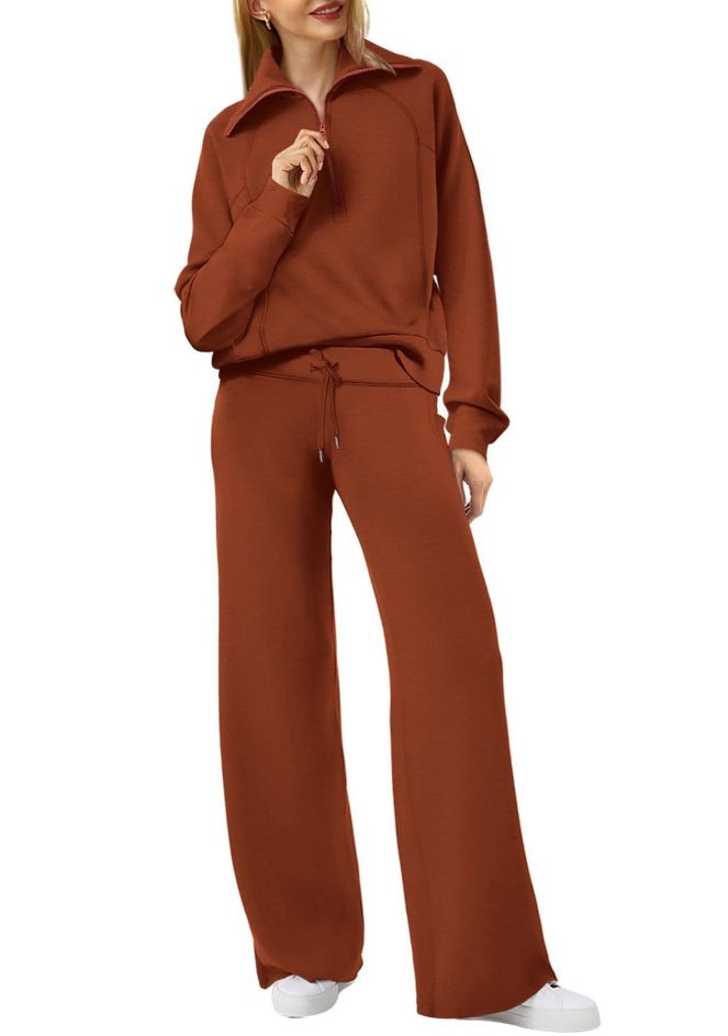 Woman's Solid Color Half Zip Long Sleeve Sweatshirt And Wide Leg Pants Set Casual Sporty Two Piece Outfit Suit - PratSN