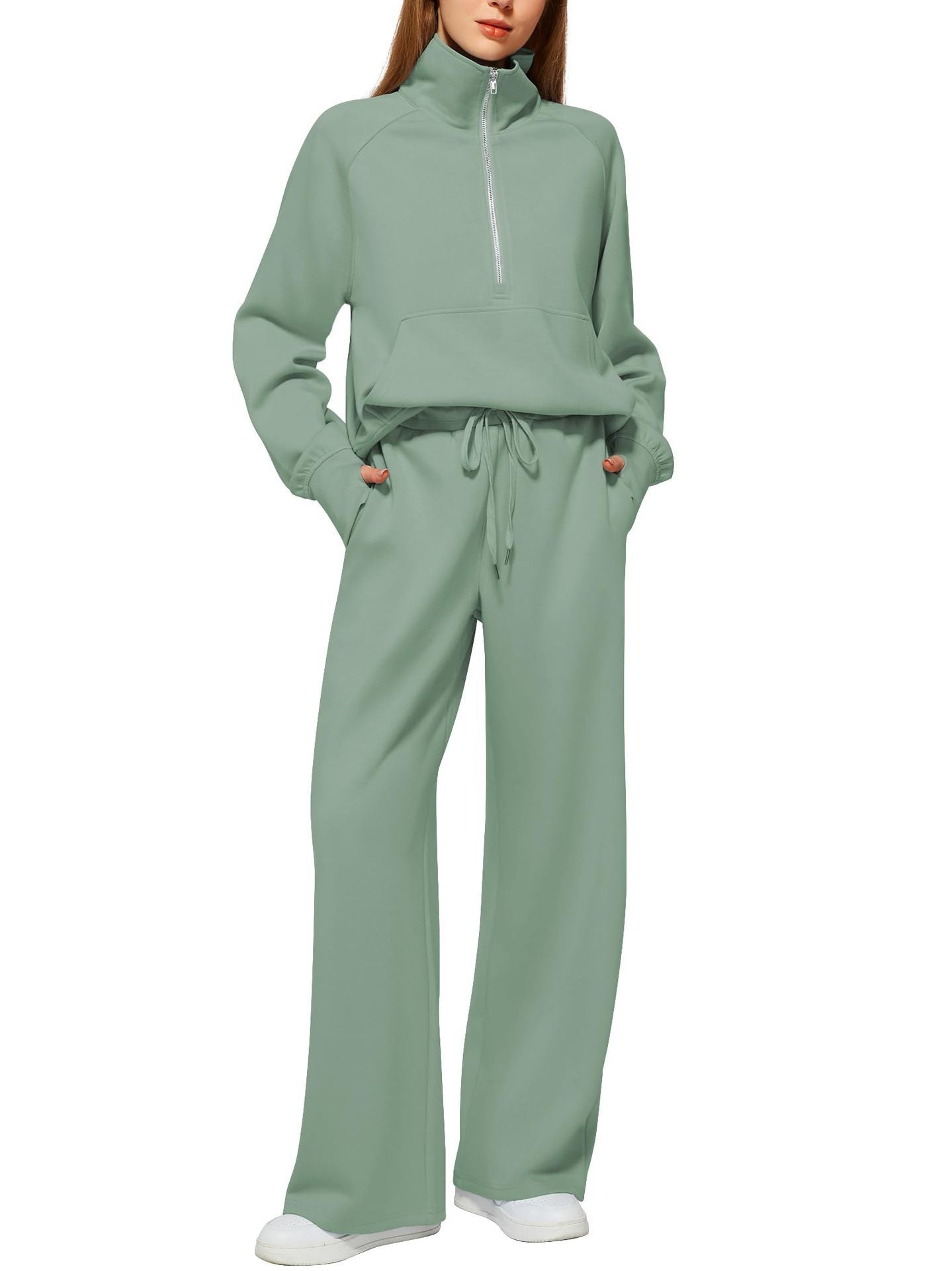 Woman's Solid Color Half Zip Long Sleeve Sweatshirt And Wide Leg Pants Set Casual Sporty Two Piece Outfit Suit - PratSN
