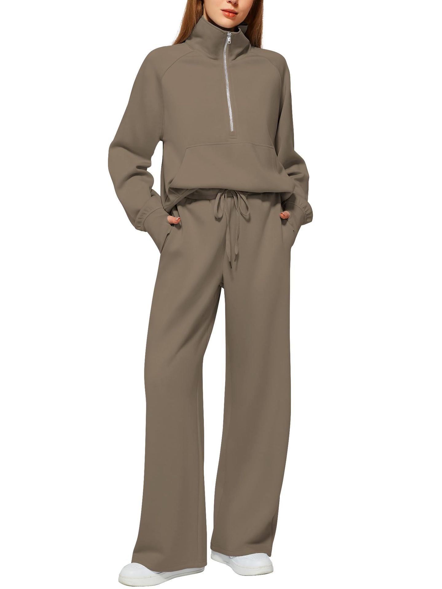 Woman's Solid Color Half Zip Long Sleeve Sweatshirt And Wide Leg Pants Set Casual Sporty Two Piece Outfit Suit - PratSN