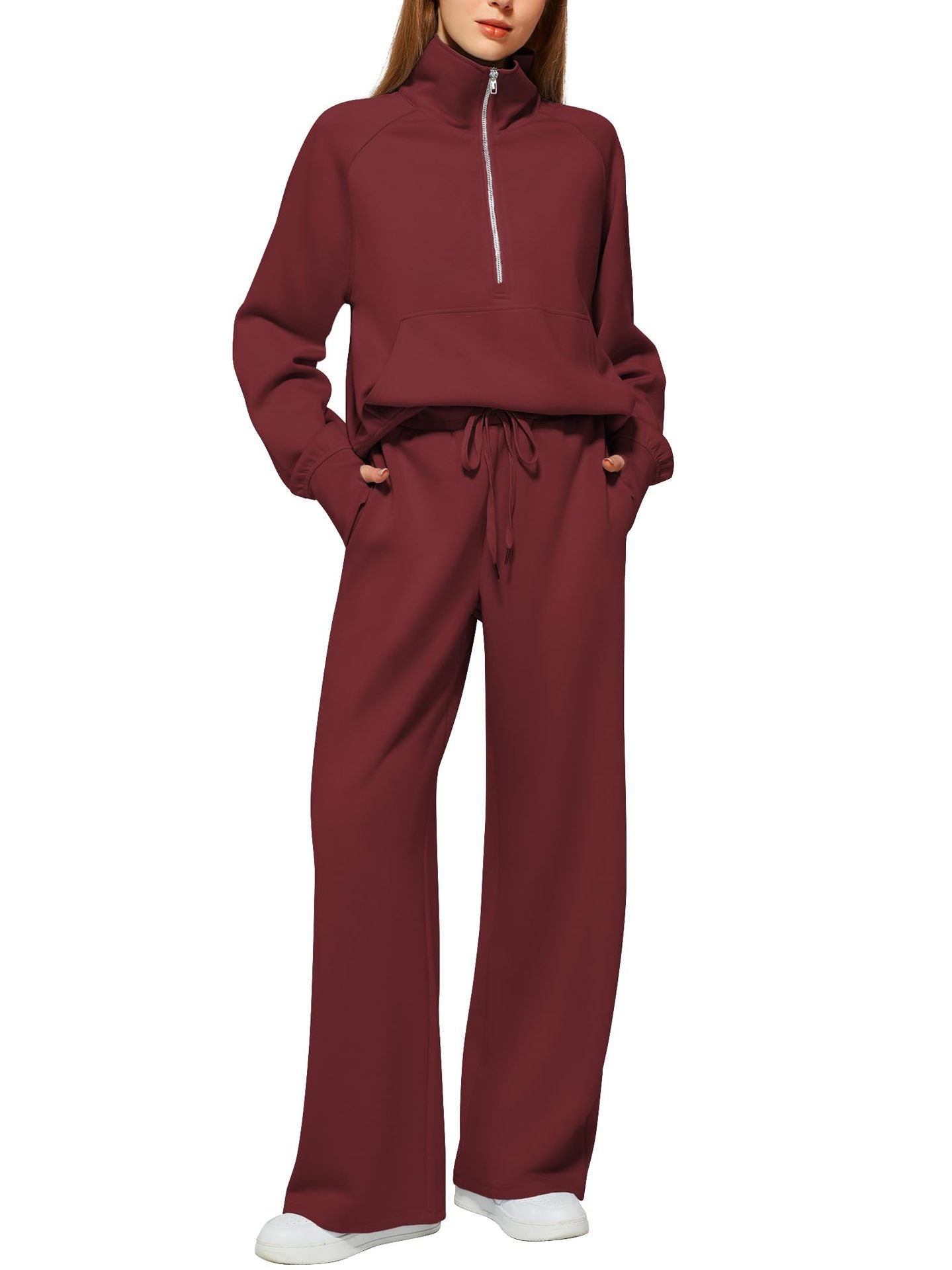 Woman's Solid Color Half Zip Long Sleeve Sweatshirt And Wide Leg Pants Set Casual Sporty Two Piece Outfit Suit - PratSN