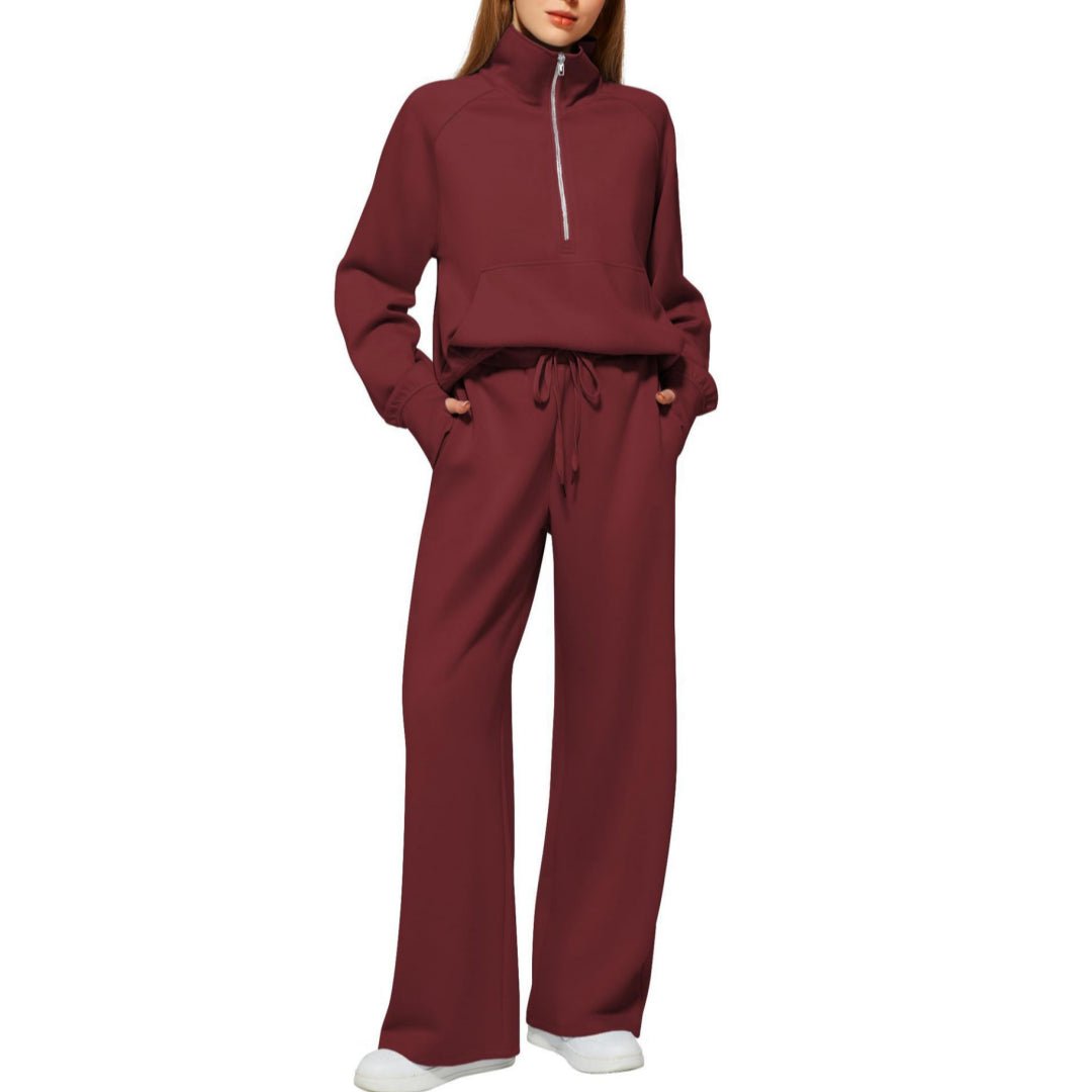 Woman's Solid Color Half Zip Long Sleeve Sweatshirt And Wide Leg Pants Set Casual Sporty Two Piece Outfit Suit - PratSN