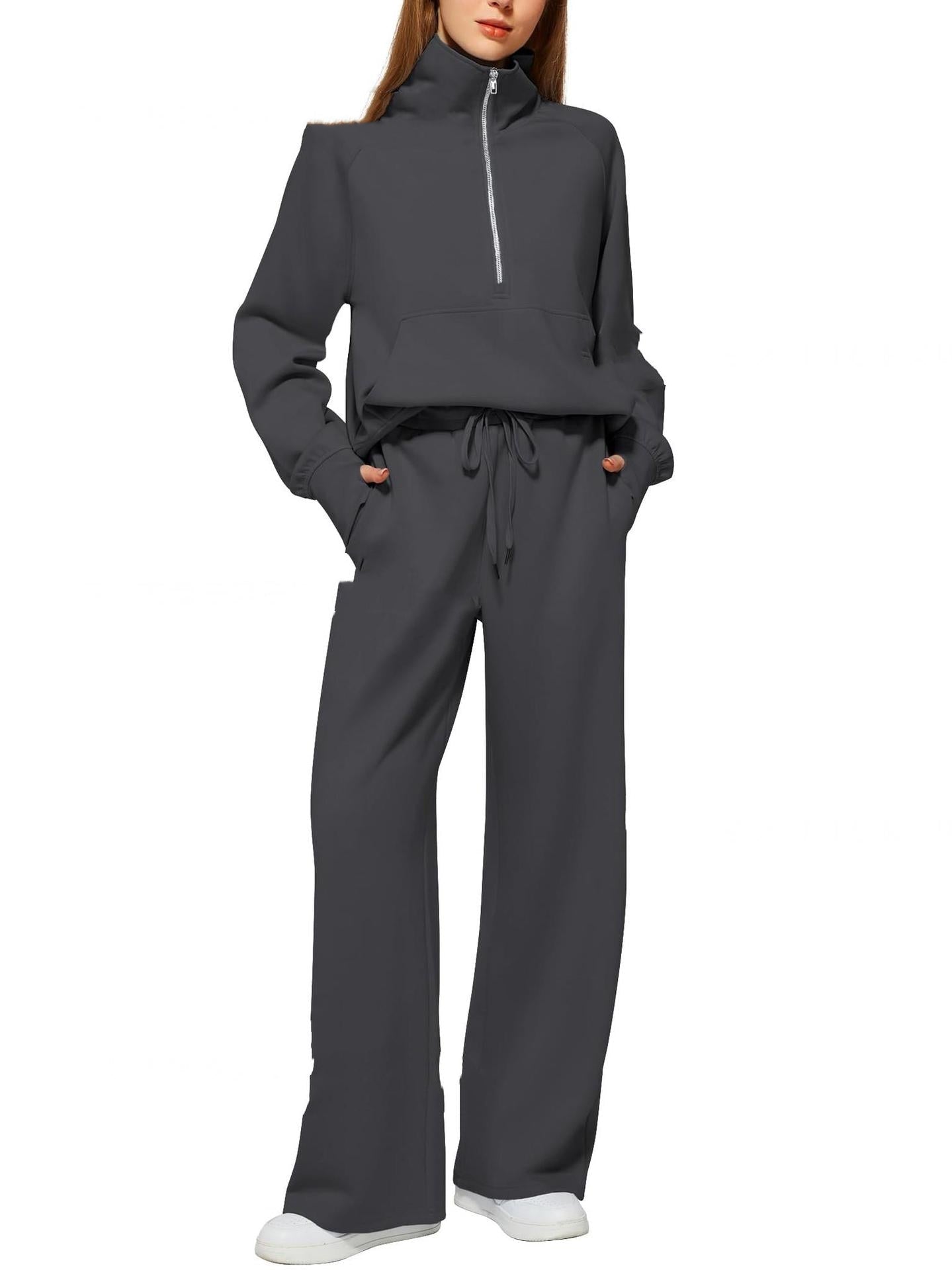 Woman's Solid Color Half Zip Long Sleeve Sweatshirt And Wide Leg Pants Set Casual Sporty Two Piece Outfit Suit - PratSN