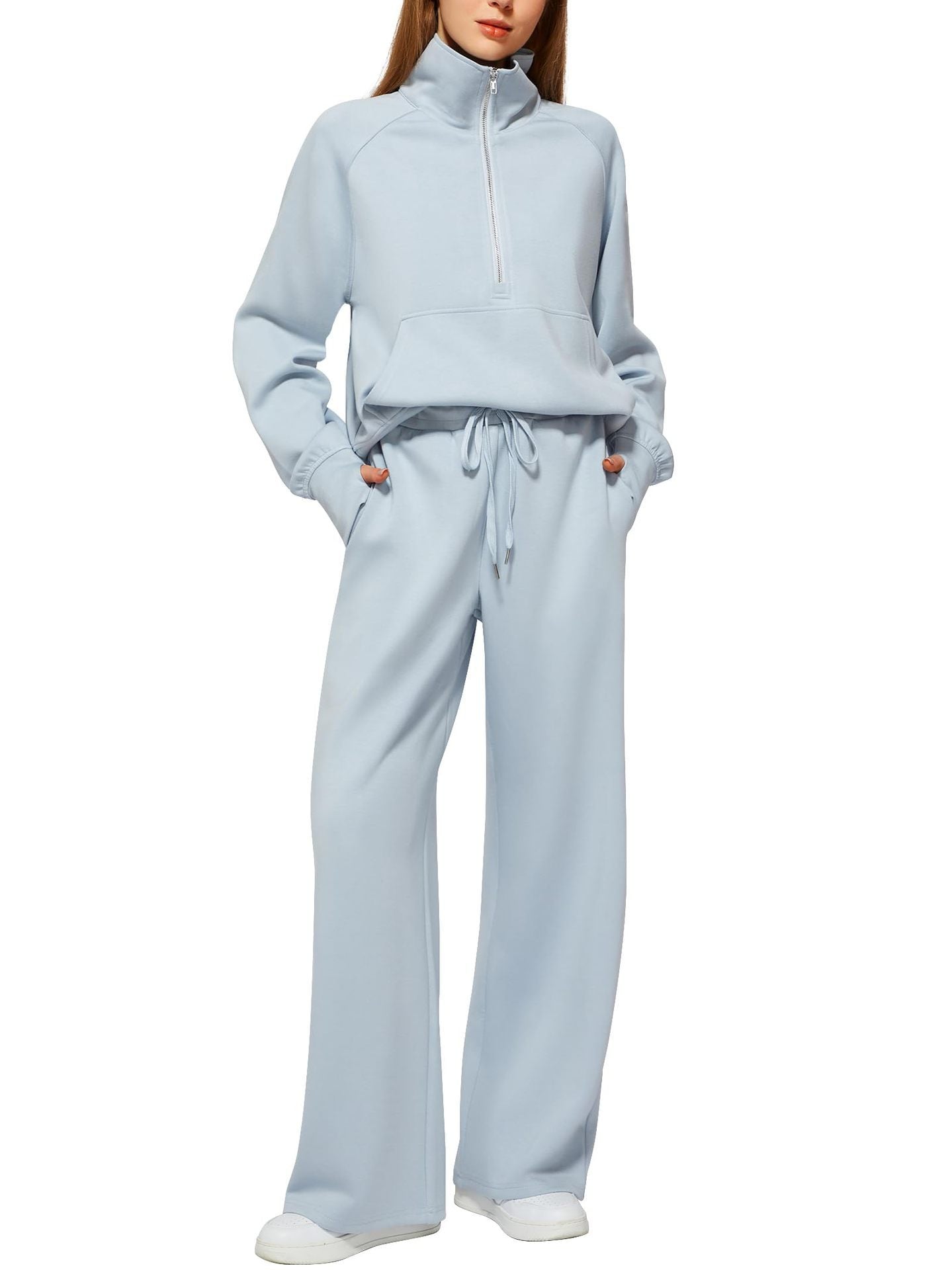 Woman's Solid Color Half Zip Long Sleeve Sweatshirt And Wide Leg Pants Set Casual Sporty Two Piece Outfit Suit - PratSN